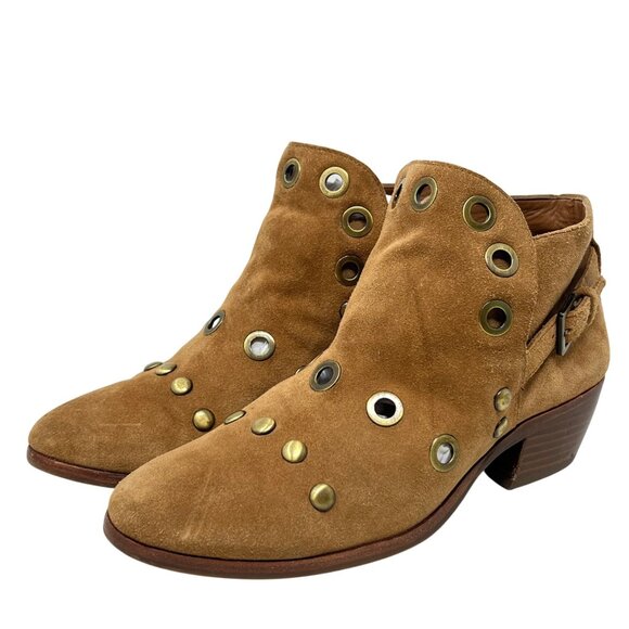 Sam Edelman Pedra Womens Tan Suede Leather Ankle Boots Grommets  Buckle  7 READ - Picture 1 of 13